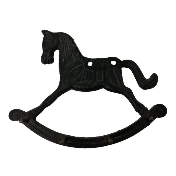 Vintage Cast Iron Rocking Horse 3 Hook Kitchen Utensil Holder Wall Rack Rustic